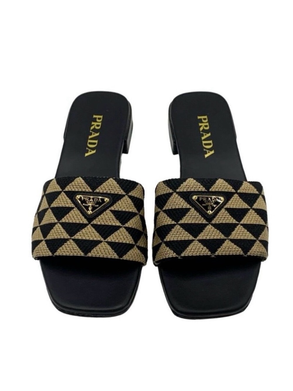 Prada Black & Beige Geometric Woven Slide Sandals